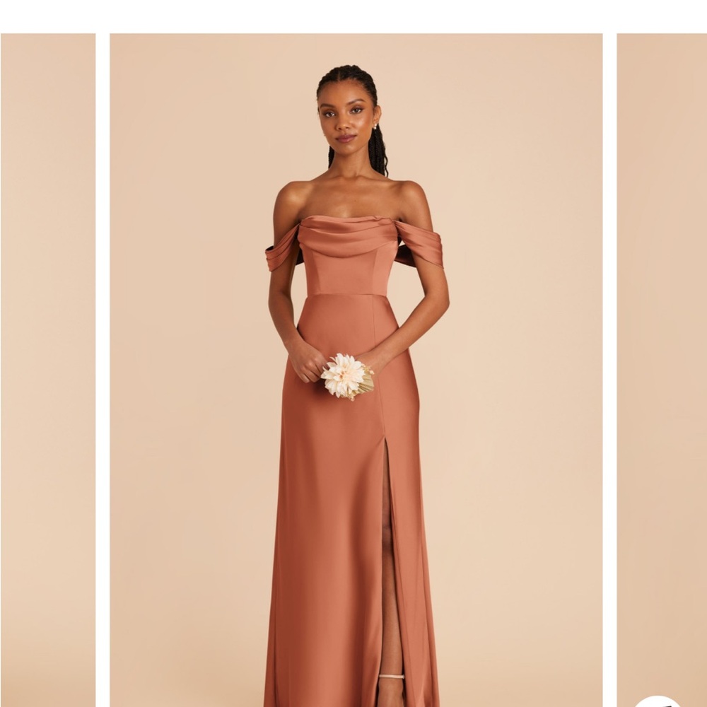 Mia Dress Birdy Grey in Matte Satin Terracotta.